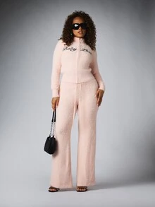 BABYPHAT Fluffy Eyelash Knit Zip-Up Cropped Jacket With Script Logo Chest Print Stand Collar Fall Winter Cozy Loungewear - Baby Pink - View 3