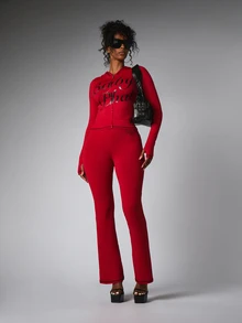 BABYPHAT Script Logo Zip-Up Cropped Hoodie With Extra Long Sleeves And Contrast Stitching Detail - Red - View 3