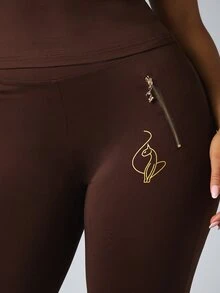 BABYPHAT Cat Logo High Rise Flared Pants With Gold Zipper Pockets And Side Split Hem Full Length Stretch Fit - Coffee Brown - View 4