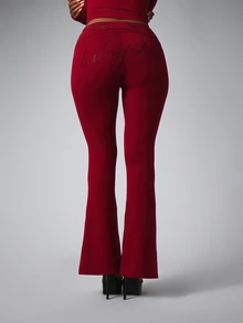BABYPHAT Rhinestone Script Logo High Rise Flared Legging Pants With Wide Waistband Full Length Bootcut Silhouette - Burgundy - View 1