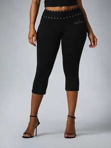 BABYPHAT Rhinestone Embellished Low Rise Cropped Capri Leggings With Logo Print And Studded Waistband Detail - Black - View 3