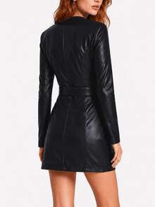 Zerodot Women Black Faux Leather Asymmetric Button Front With Belted Waist Wrap Mini Dress Vacation Party Fall Winter - Black - View 2