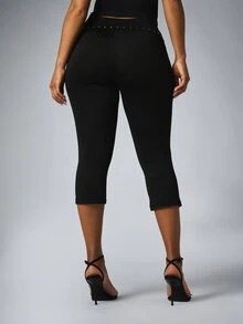 BABYPHAT Rhinestone Embellished Low Rise Cropped Capri Leggings With Logo Print And Studded Waistband Detail - Black - View 5
