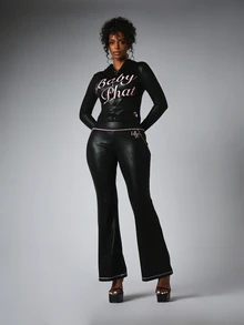BABYPHAT Crocodile Embossed Skin Tight Leggings With Pink Script Logo Print And Rhinestone Waistband Detail - Black - View 4