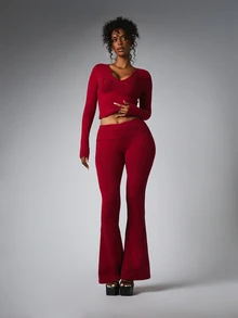 BABYPHAT Rhinestone Angel Wings Crop Top With Script Detail Long Sleeve Notch Neckline Fitted Stretch Party Night Out Holiday Top - Burgundy - View 3