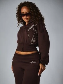 BABYPHAT Cropped Full-Zip Sweatshirt With Embroidered Cat Logo And Script Brand Text Front And Back Detail - Coffee Brown - View 4
