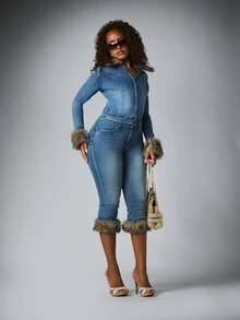 BABYPHAT Faux Fur Trim Cropped Skinny Denim Jeans Mid Rise Capri Pants With Fur Cuffs Y2K Vintage Inspired Fall Winter Style - Light Wash - View 2