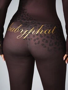 BABYPHAT Gold Script Logo Flared Leggings With Leopard Print Waistband Mid Rise Full Length Holiday Party Pants - Brown - View 1
