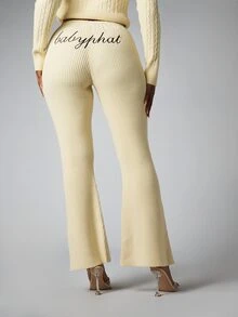 BABYPHAT Ribbed Knit High Rise Flared Pants With Embroidered Logo Script Back Print Side Split Hem Full Length Fall Winter - White - View 3