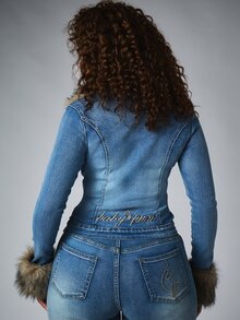 BABYPHAT Fitted Jacket With Faux Fur Collar And Cuffs Gold Embroidered Logo Full Zip Closure Retro Y2K Style Fall Winter - Blue - View 2