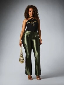 BABYPHAT Satin Finish Cargo Flare Pants With Gold Logo Print And Zipper Pockets Bootcut Full Length - Army Green - View 4