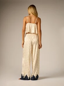 AiiRZ Polka Dot Satin Cami And Wide Leg Trouser Co-Ord Set With Navy Lace Trim Sweetheart Neckline Ruffle Detail - Beige - View 3