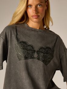 AiiRZ Oversized Acid Washed Graphic T-Shirt With Lace Bra Print Crew Neck Drop Shoulder Short Sleeve Casual Vintage Style Top - Dark Grey - View 2