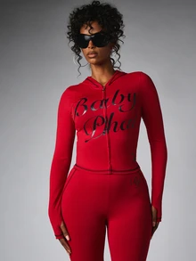 BABYPHAT Script Logo Zip-Up Cropped Hoodie With Extra Long Sleeves And Contrast Stitching Detail - Red - View 4