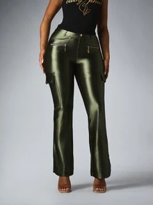 BABYPHAT Satin Finish Cargo Flare Pants With Gold Logo Print And Zipper Pockets Bootcut Full Length - Army Green - View 3