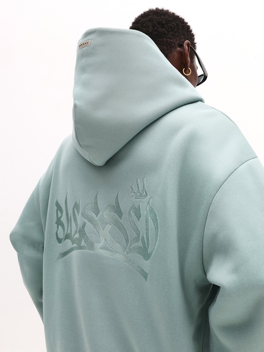 SUMWON Oversized Hoodie With Tonal Blessed Embroidery Back Graphic Large Hood Centre Pocket Casual Streetwear Fall Winter - Mint Green - View 1