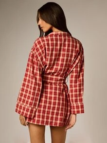 AiiRZ Red Plaid Wrap Robe Jacket With Tie Belt Long Sleeve Collared Mini Length Cozy Lounge Wear Fall Winter Holiday Season - Multicolor - View 2