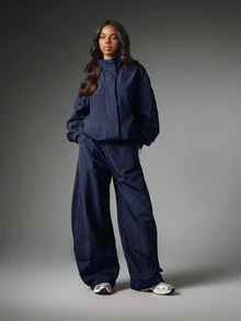 MISSGUIDED Oversized Cropped Windbreaker Jacket With Mock Neck Drawstring Hem And Elasticated Cuffs Casual Autumn Winter Outerwear - Navy Blue - View 3