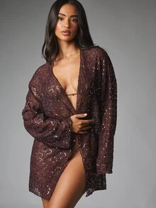 MISSGUIDED Sequin Lace Kimono Cover Up Open Front Bell Sleeve Mini Length Sheer Holiday Party Evening Occasion Outerwear Layer - Coffee Brown - View 1