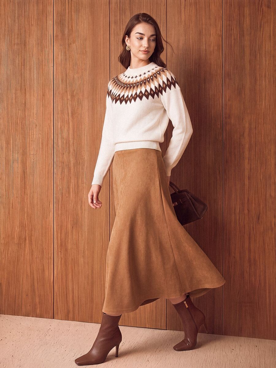 Lost Ink Camel Suede Look High Waist A-Line Midi Skirt - Khaki - View 1