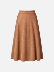 Lost Ink Camel Suede Look High Waist A-Line Midi Skirt - Khaki - View 7