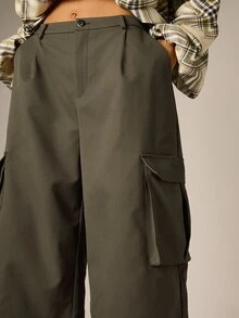 AiiRZ Wide Leg Cargo Culottes With Side Patch Pockets Mid Rise Tailored Culotte Trousers Below Knee Length Spring Summer - Army Green - View 3