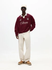 SUMWON Worldwide Plus Size Rugby Sweatshirt With Spread Collar Script Embroidery Badge Detail Long Sleeve Fall Winter Essential - Burgundy - View 4