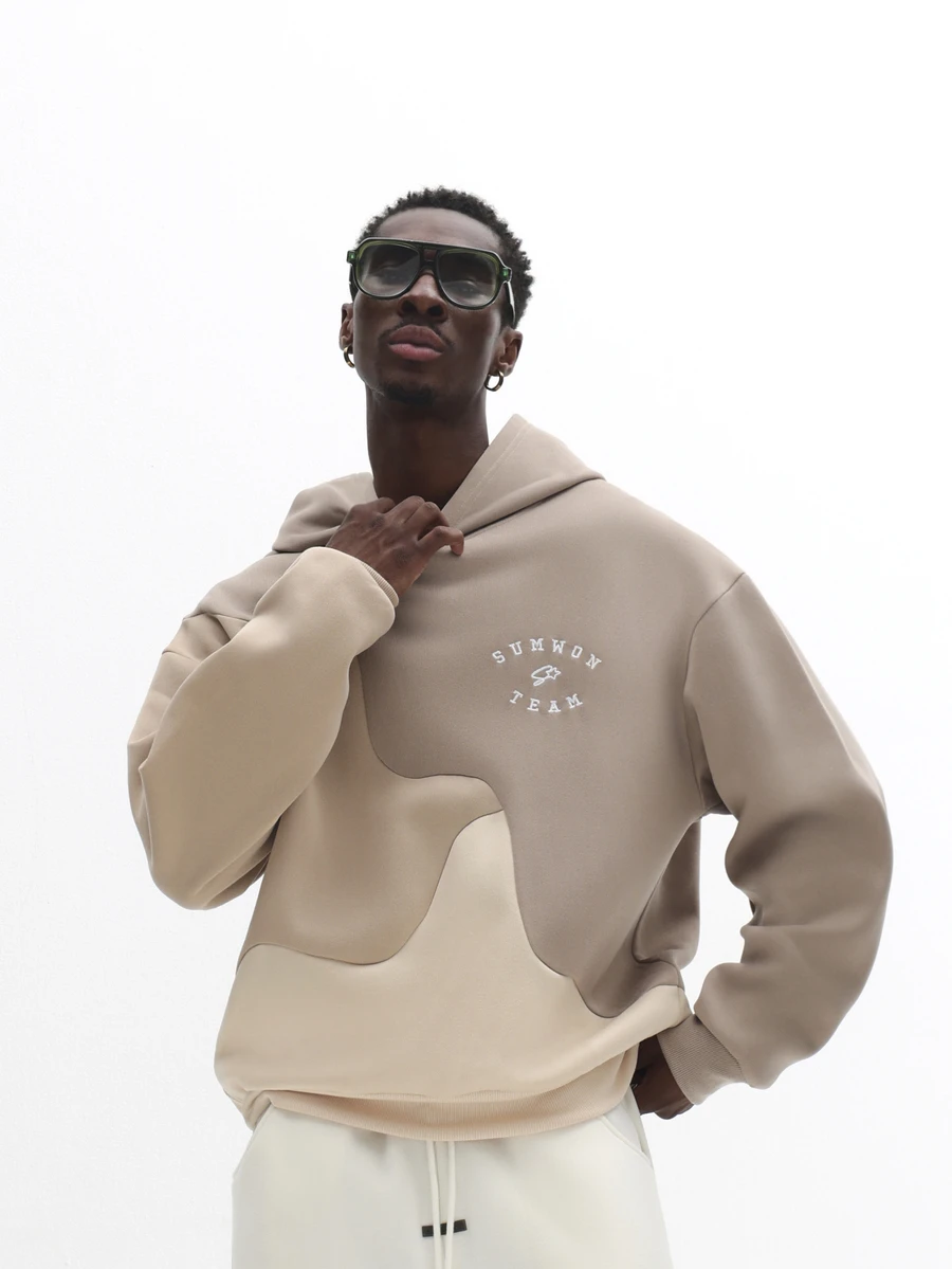 SUMWON Team Plus Size Pullover Hoodie With Color Block Wave Panel Design And Embroidered Chest Logo Autumn Winter Essential - Multicolor - View 1