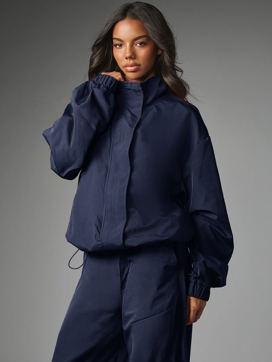 MISSGUIDED Oversized Cropped Windbreaker Jacket With Mock Neck Drawstring Hem And Elasticated Cuffs Casual Autumn Winter Outerwear - Navy Blue - View 1