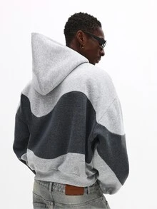 SUMWON Plus size färgblockad hoodie med vågpaneldesign och liten logotryck på bröstet, pullover sweatshirt för höst och vinter - Grå - Visa 2
