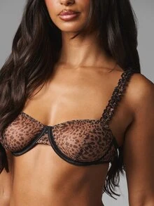 MISSGUIDED Leopard Print Mesh Balconette Bra And Thong Set With Ruffle Straps Underwire Support And Lace Trim Valentine Lingerie - Multicolor - View 4