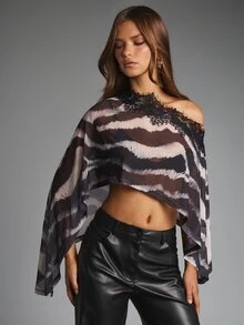 MISSGUIDED Zebra Print Lace Trim One-Shoulder Batwing Sleeve Crop Blouse Semi-Sheer Chiffon Cape Top Festival Party Night Out - Black - View 5