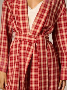 AiiRZ Red Plaid Wrap Robe Jacket With Tie Belt Long Sleeve Collared Mini Length Cozy Lounge Wear Fall Winter Holiday Season - Multicolor - View 4