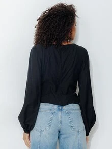 Pimkie Edition Women's Spring/Autumn Casual Minimalist Solid Color Lantern Sleeve Cinched Waist Slim Fit Blouse - Black - View 2