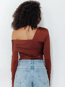 Pimkie Edition Women's Solid Color Asymmetric Collar Long Sleeve Fashion Bodysuit - Coffee Brown - View 2