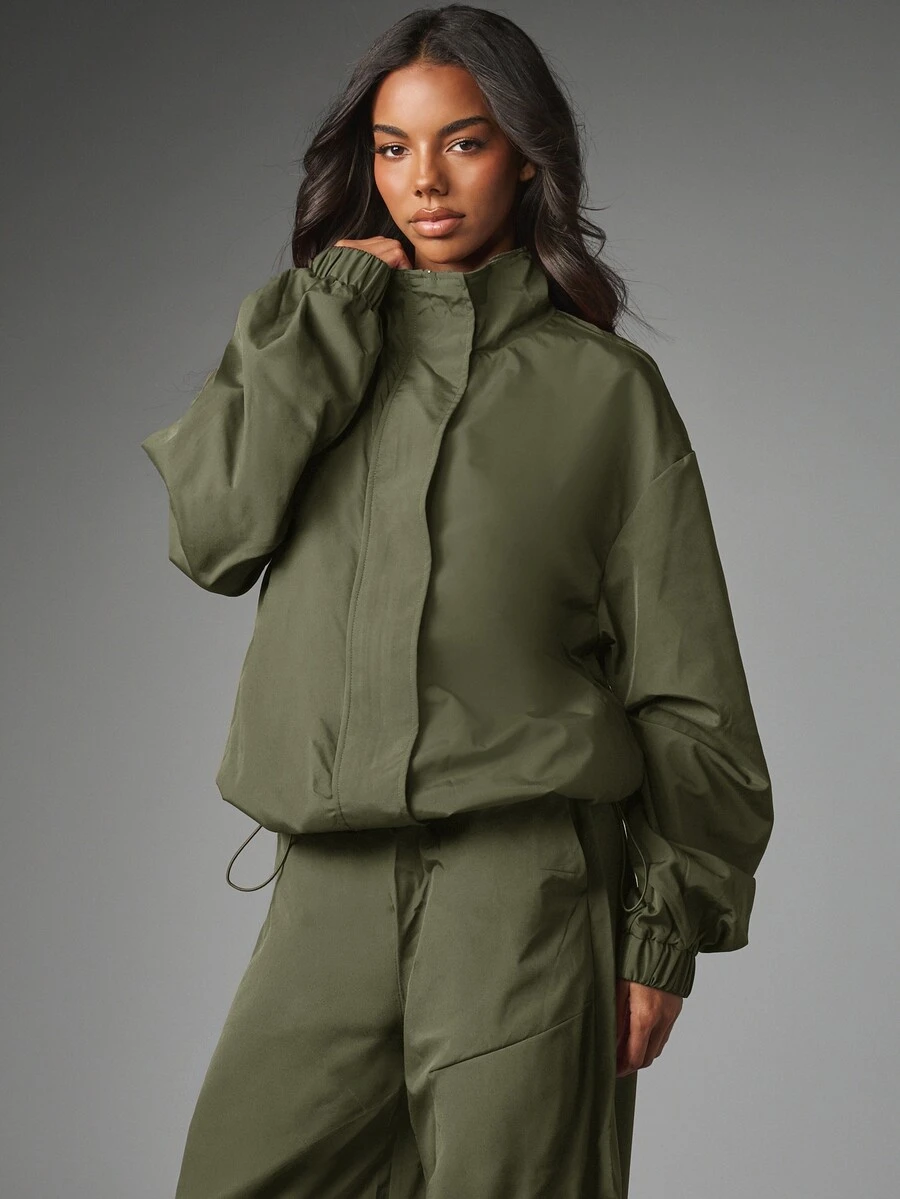 MISSGUIDED Oversized Cropped Windbreaker Jacket With Mock Neck Elasticated Hem And Cuffs Drawstring Detail Fall Winter Essential - Army Green - View 1