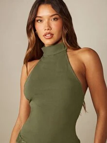 MISSGUIDED Halter Neck Lace Trim Top With Asymmetric Hem And Open Back - Spring Summer Party Night Out Style - Army Green - View 5