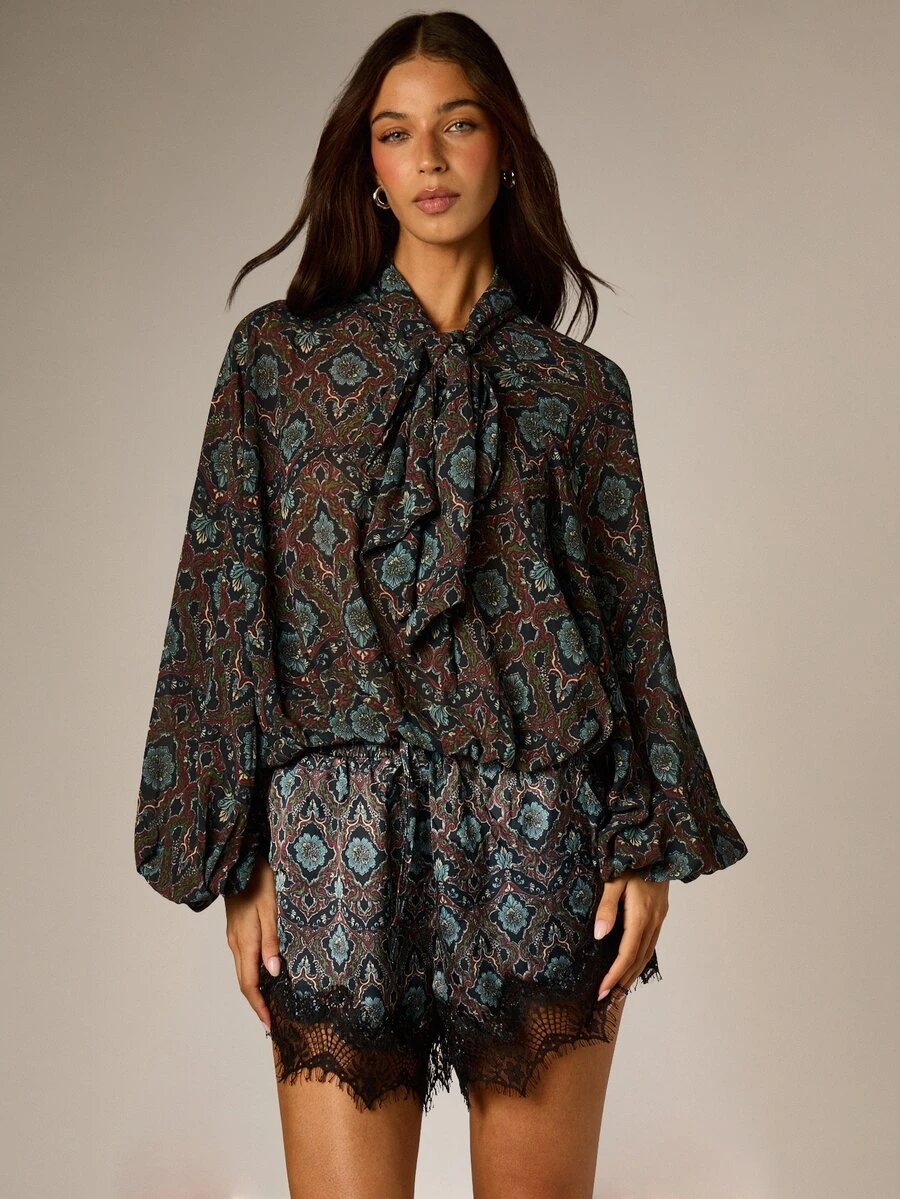AiiRZ Baroque Floral AOP Tie Neck Ruffle Blouse With Bell Sleeves Boho Tapestry Print Oversized Top Fall Winter Holiday Party - Multicolor - View 1