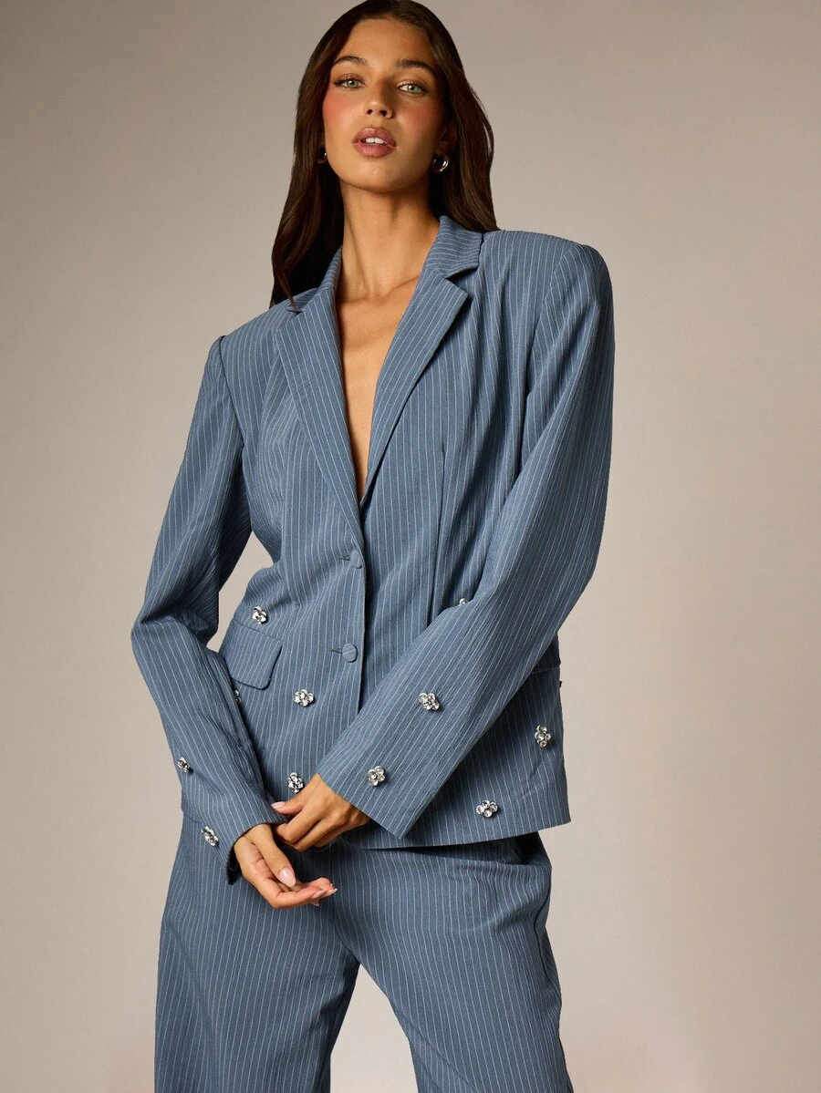 AiiRZ Oversized Pinstripe Blazer With Crystal Rhinestone Flower Embellishments Structured Shoulders Notched Lapel Single Button Closure Party Evening - Grey - View 1