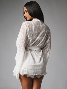 MISSGUIDED Floral Lace Semi-Sheer Short Wrap Robe With Bell Sleeves Ruffle Cuffs And Self-Tie Belt Bridal Honeymoon Lingerie Cover-Up - White - View 2