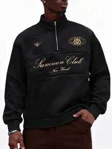SUMWON Club New York Half-Zip Sweatshirt With Gold Embroidery Script Logo High Neck Long Sleeve Plus Size Pullover Top - Black - View 1
