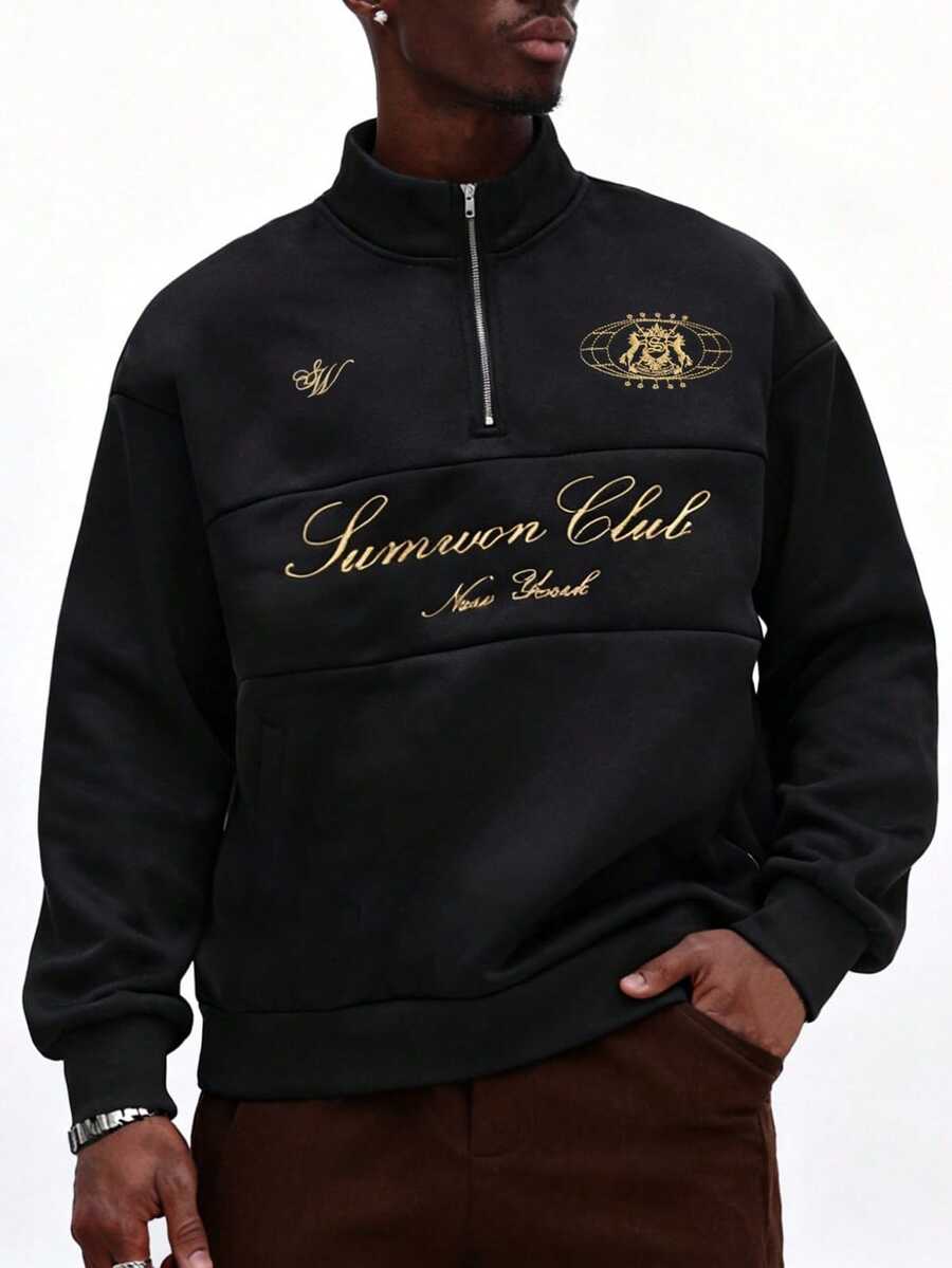 SUMWON Club New York Half-Zip Sweatshirt With Gold Embroidery Script Logo High Neck Long Sleeve Plus Size Pullover Top - Black - View 1