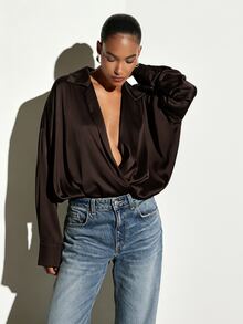 KSTM Satin Wrap Blouse Deep V-Neck Oversized Long Sleeve Shirt Collared Draped Top Fall Winter Party Night Out - Brown - View 1
