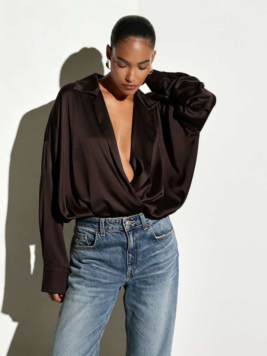 KSTM Satin Wrap Blouse Deep V-Neck Oversized Long Sleeve Shirt Collared Draped Top Fall Winter Party Night Out - Brown - View 1