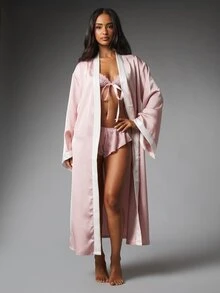 MISSGUIDED Luxurious Satin Maxi Robe With Contrast White Trim Bell Sleeves And Tie Belt Wrap Style Bridal Boudoir Dressing Gown - Multicolor - View 3