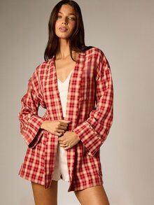 AiiRZ Red Plaid Wrap Robe Jacket With Tie Belt Long Sleeve Collared Mini Length Cozy Lounge Wear Fall Winter Holiday Season - Multicolor - View 5