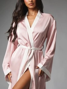 MISSGUIDED Luxurious Satin Maxi Robe With Contrast White Trim Bell Sleeves And Tie Belt Wrap Style Bridal Boudoir Dressing Gown - Multicolor - View 5
