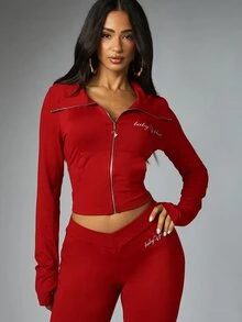 BABYPHAT Cropped Zip-Up Jacket With Stand Collar, Long Sleeves, Logo Script Detail And Thumbhole Cuffs - Y2K Retro Holiday Style - Red - View 1