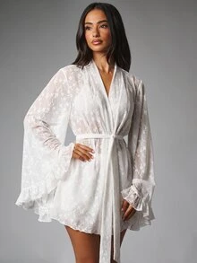 MISSGUIDED Floral Lace Semi-Sheer Short Wrap Robe With Bell Sleeves Ruffle Cuffs And Self-Tie Belt Bridal Honeymoon Lingerie Cover-Up - White - View 1