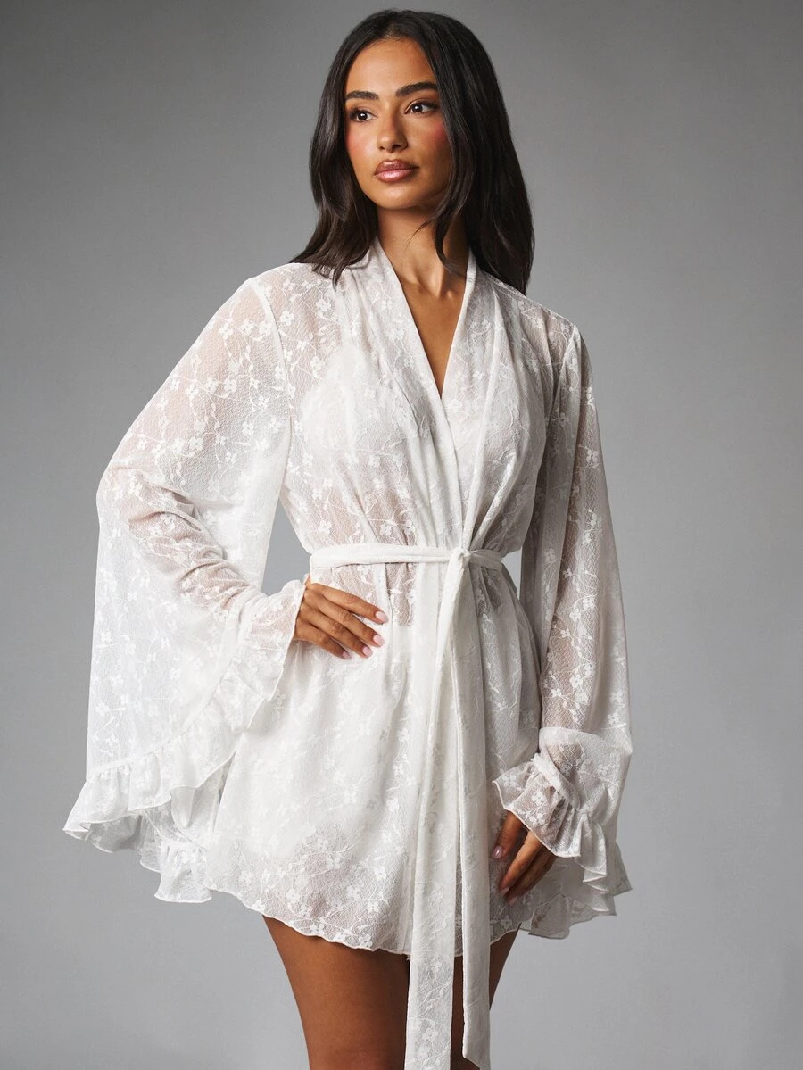 MISSGUIDED Floral Lace Semi-Sheer Short Wrap Robe With Bell Sleeves Ruffle Cuffs And Self-Tie Belt Bridal Honeymoon Lingerie Cover-Up - White - View 1